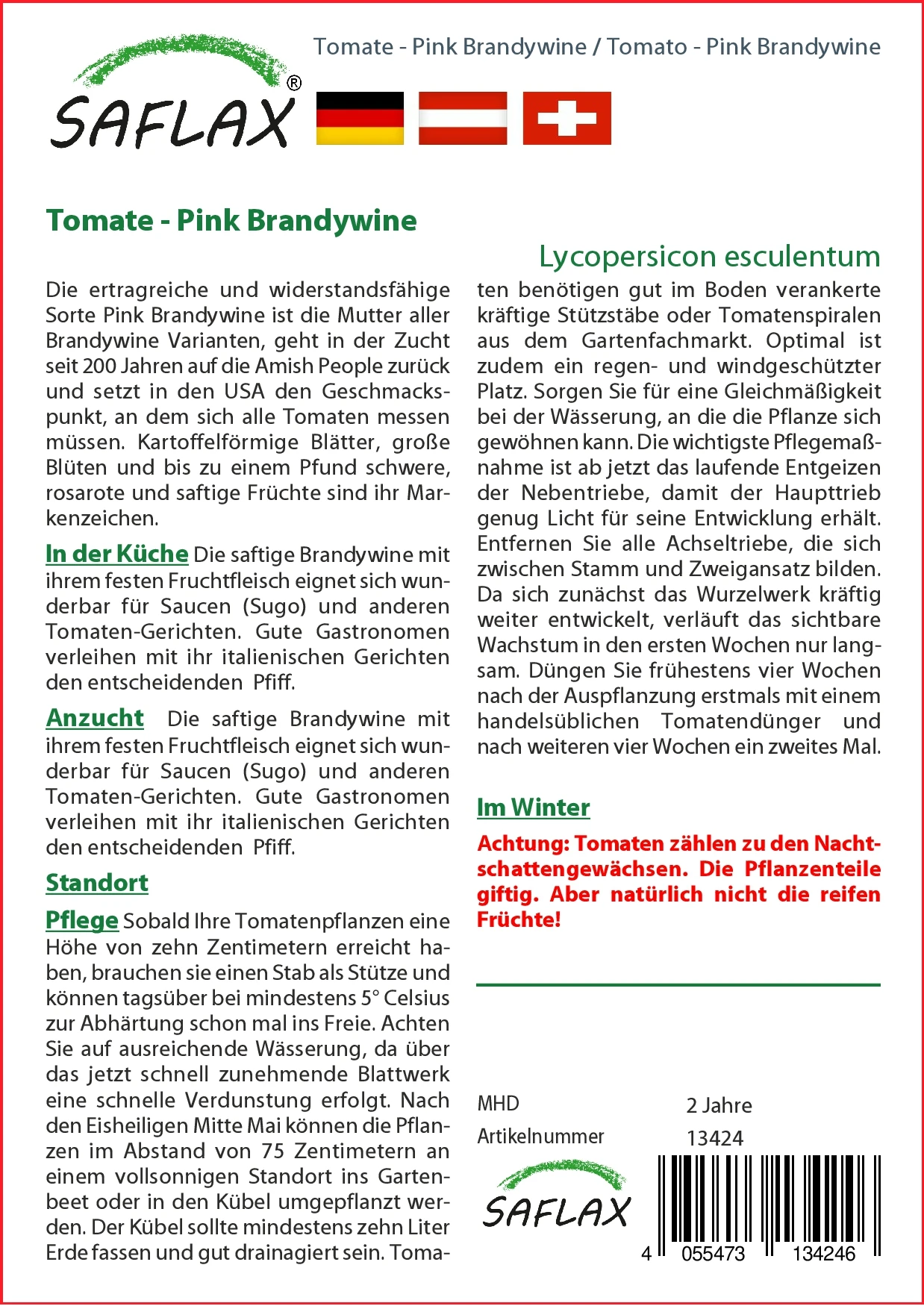 Tomate Pink Brandywine | Tomatensamen Von Saflax